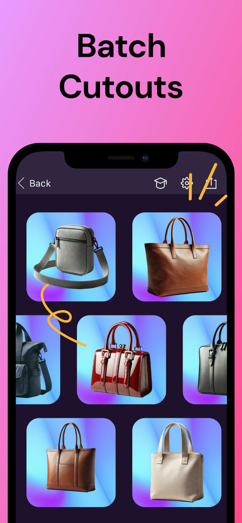 Pixomatic app batch cutout feature showing multiple handbags with backgrounds removed