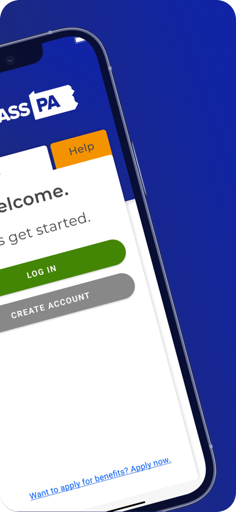 The welcome screen of the myCOMPASS PA mobile app featuring login and account creation buttons.