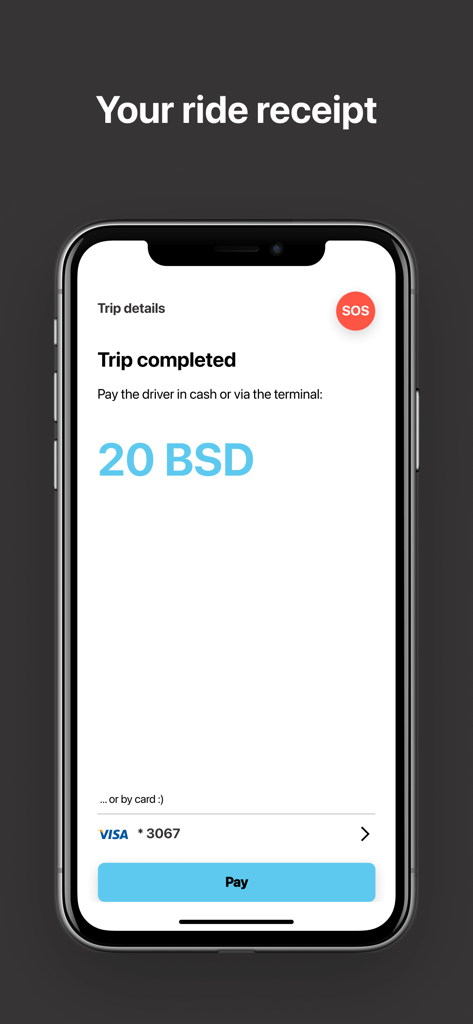 Tribur - Request a Ride - Tribur app interface showing a completed trip receipt for 20 BSD with a Visa credit card payment option
