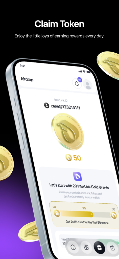 InterLink Network - A smartphone screen displaying the InterLink Network app's Claim Token page with golden reward coins and an airdrop progress tracker.
