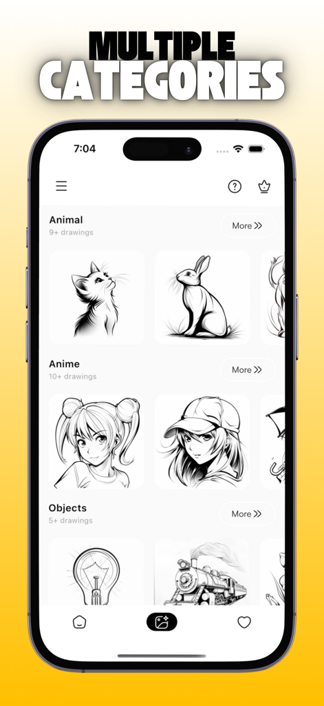 AR Drawing: Sketch & Trace Art - Écran d'application mobile montrant diverses catégories de dessin, y compris des modèles d'animaux et d'anime pour le dessin