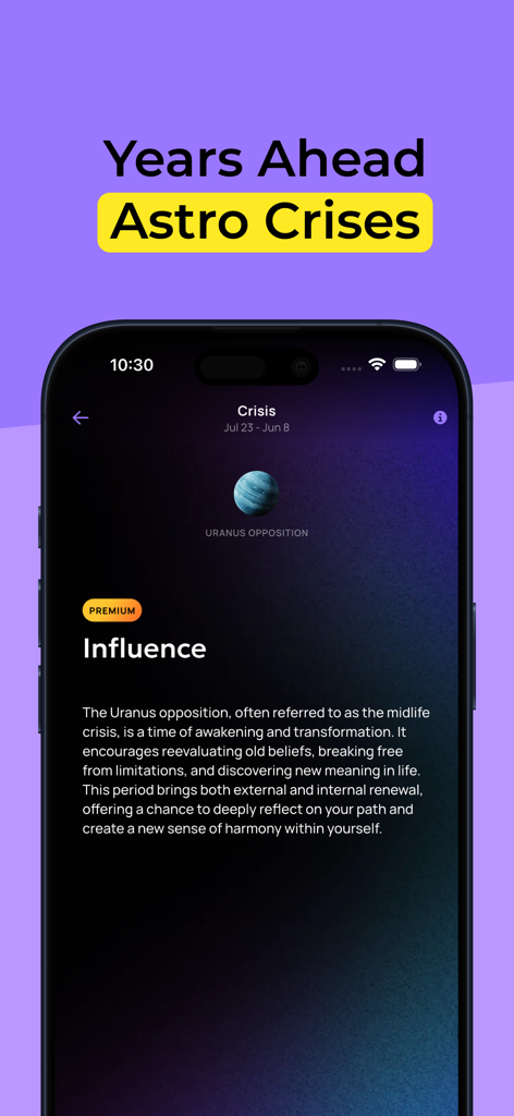 Pantalla de la aplicación Stargaze que muestra un informe de crisis astrológicas sobre la oposición de Urano y su influencia en la transformación de la vida.