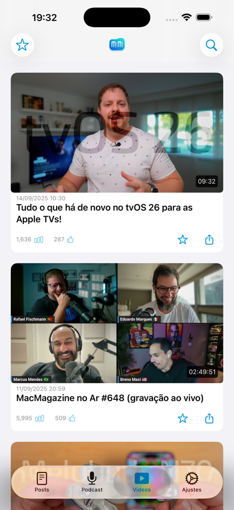 MacMagazine - MacMagazine app video feed featuring Apple news videos and live podcasts in Portuguese.