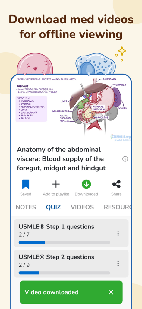 Osmosis: Medical School Notes - Osmosis医学アプリのインターフェース。腹部内臓の解剖図とUSMLE試験対策の進捗状況が表示されている。