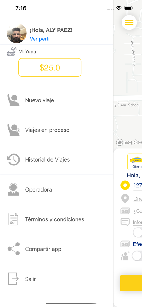 Un Taxi - Benutzermenü der Un Taxi Mobile App mit Profildetails und Navigationsoptionen für Fahrten.