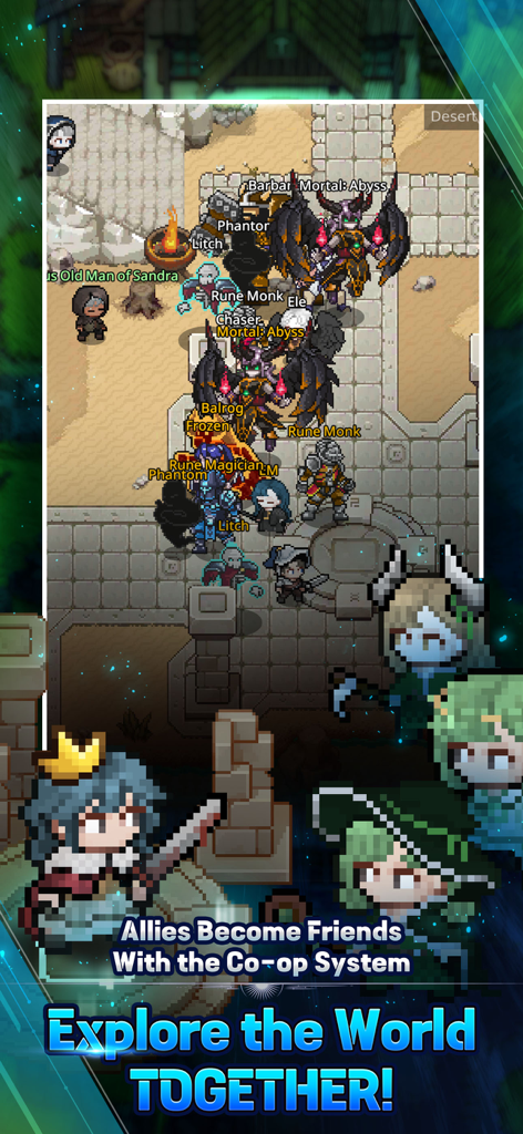 Group of pixel art characters gathered in a social hub showcasing the co-op system in Elemental 2D MMORPG