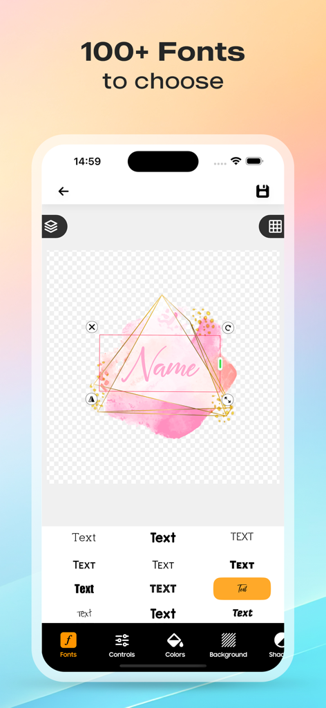 ピンクの水彩背景の透かしロゴをカスタマイズするために、100以上のフォントオプションを示すモバイルアプリインターフェイス