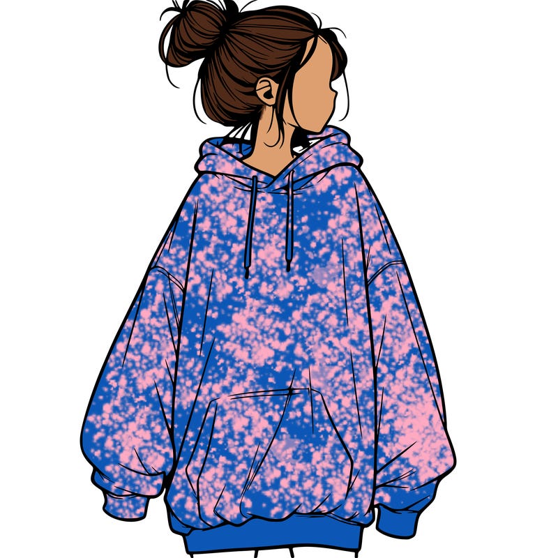realistic girl with a oversized sweatshirt on and a bun
