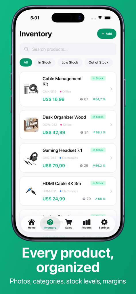 SellStock - Inventory & POS - Tela de inventário do aplicativo SellStock mostrando uma lista de produtos com níveis de estoque, preços e margens de lucro