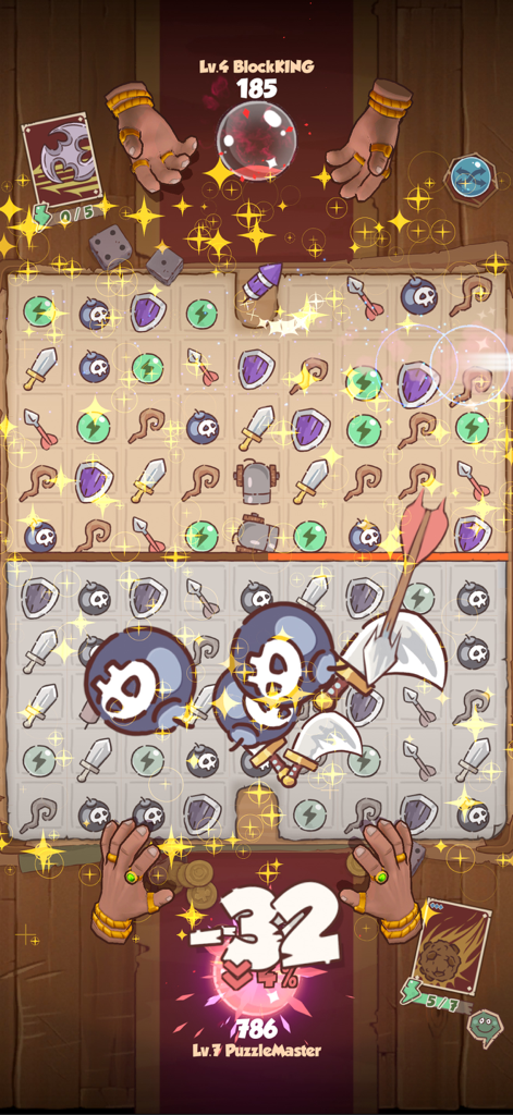 League of Puzzle - Gameplay screenshot of League of Puzzle showing a real time PVP match with puzzle grids and skill effects