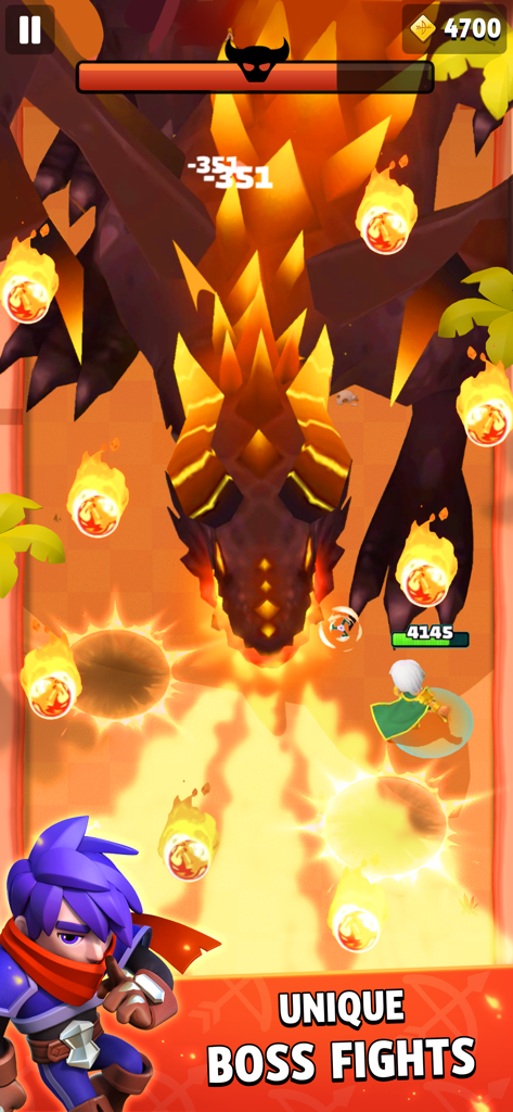 Archero - Captura de pantalla del juego Archero mostrando una batalla contra un dragón de fuego gigante con el texto 'peleas únicas contra jefes'