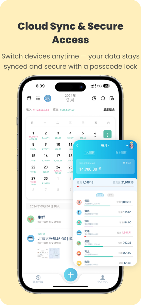 BestTracker mobile app interface showing cloud synchronization and secure passcode features