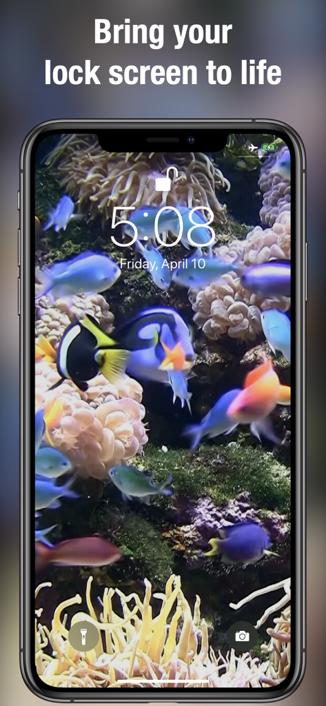 iPhone lock screen showing a vibrant tropical aquarium live wallpaper with colorful fish and coral