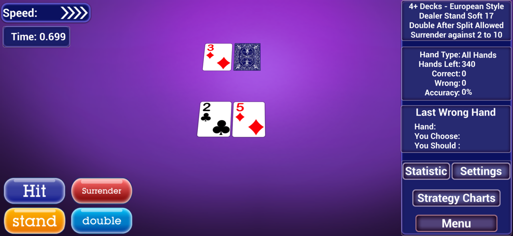 Interface of a blackjack trainer app showing a basic strategy drill with player and dealer cards along with real time performance statistics