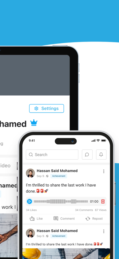Hawadeet - Hawadeet social media app interface showing a user feed with posts and voice recordings on an iPhone and tablet