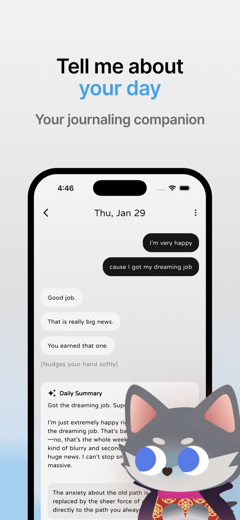 WUZU - WUZU AI journaling companion app showing a chat conversation with a cute creature mascot