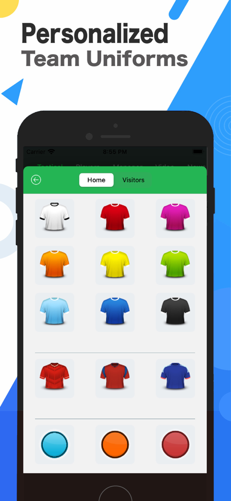 CoachBook - FanBook Football - Interface of CoachBook app showing various colorful soccer jersey options for team uniform personalization