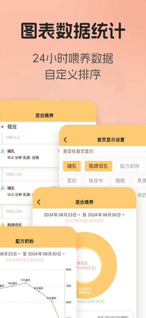 Baby Tracker-Newborn Care Log - Una interfaz de aplicación móvil que muestra registros de alimentación del bebé, gráficos de crecimiento y estadísticas de actividad de 24 horas para el cuidado del recién nacido.