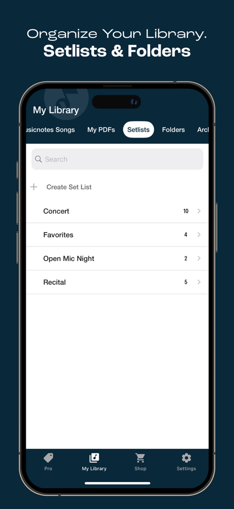 Musicnotes: Sheet Music Reader - Musicnotes app interface showing the My Library screen with setlists for concerts and recitals