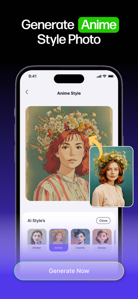 Anime AI Editor - Lenzai - Smartphone screen showing the Lenzai app transforming a portrait into an anime style photo using AI filters