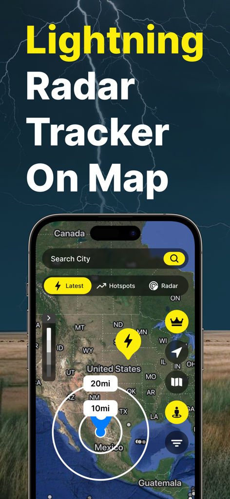 Smartphone exibindo um aplicativo rastreador de relâmpagos em tempo real com alertas de distância de descarga em um mapa da América do Norte
