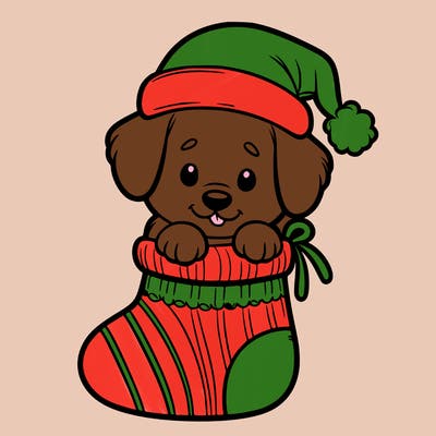 cute puppy wearing santa hat in socking