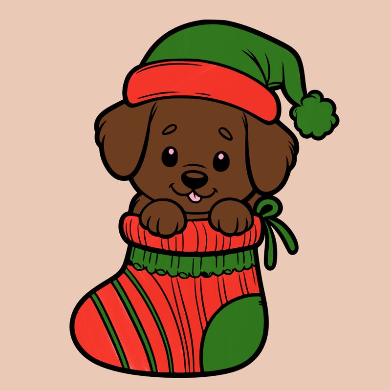 cute puppy wearing santa hat in socking