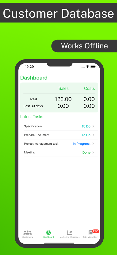 Panel de la aplicación móvil que muestra cifras de ventas y una lista de tareas para la gestión de clientes
