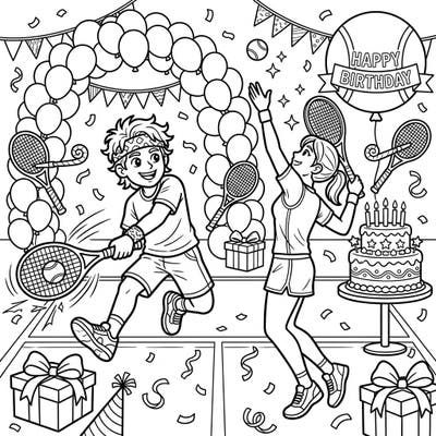 Celebrate with an ace! This dynamic coloring page features tennis players enjoying a lively birthday party on the court, surrounded by festive decorations.