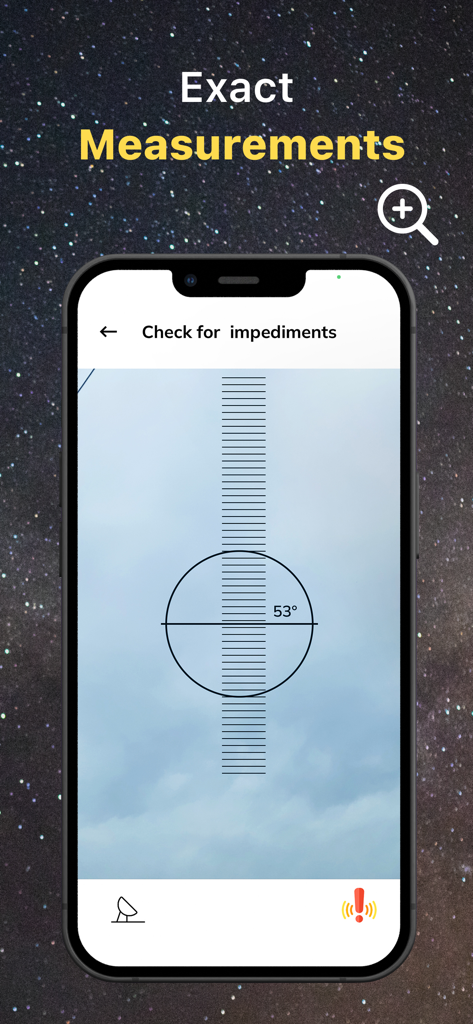 Interfaz de la aplicación Buscador de Satélites que muestra la función de mediciones exactas para verificar impedimentos.