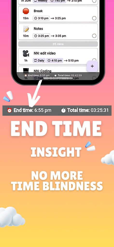Screenshot of ChronoCat productivity app displaying end time insights and a chronological task list to help users manage time blindness.