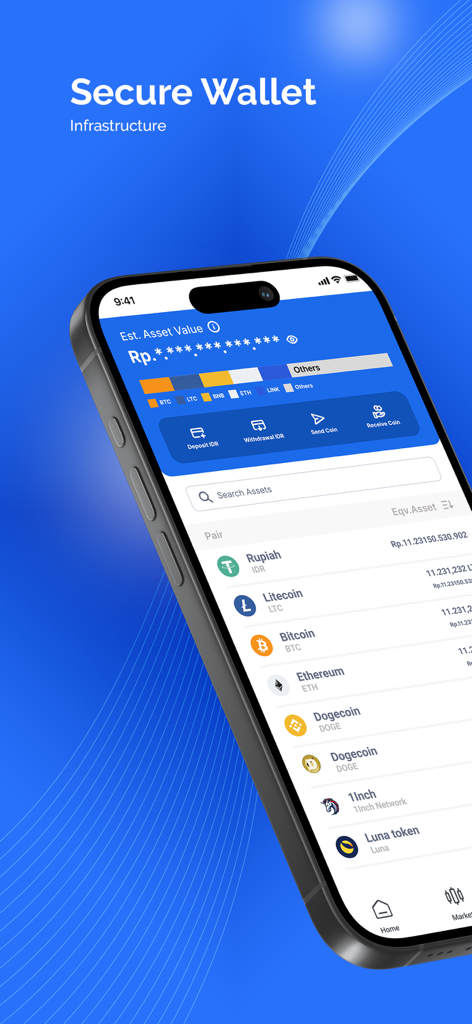 digitalexchangeid - A smartphone displaying the digitalexchangeid secure wallet screen with a list of crypto assets including Bitcoin and Ethereum alongside Indonesian Rupiah balances