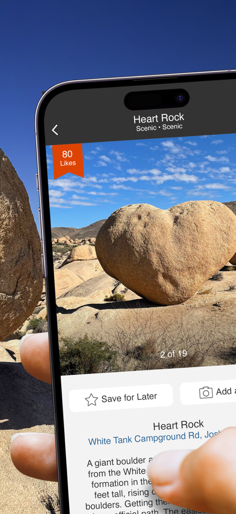 L'application Fotospot affichant un rocher en forme de cœur pittoresque dans le parc national de Joshua Tree