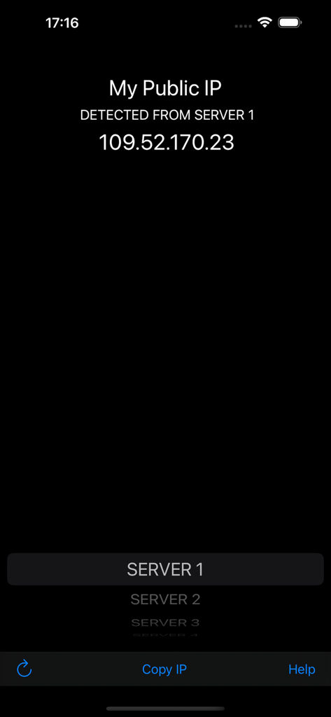 My Public IP - Interface de l'application Mon IP Publique affichant une adresse IP publique et une liste de sélection de serveur