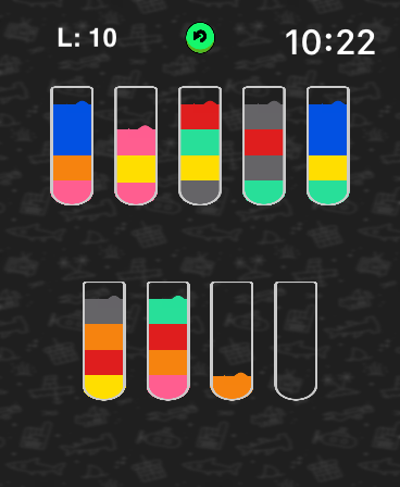 Watch Game Collection - Ein Wasser-Sortier-Rätselspiel auf einem Uhrenbildschirm, das mehrere Reagenzgläser mit verschiedenen farbigen Flüssigkeitsschichten auf Level 10 zeigt.