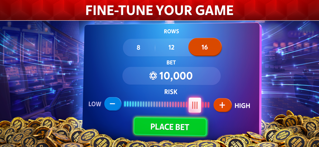 Plink by Pokerist - Settings screen in Plink by Pokerist for selecting rows bet and risk level