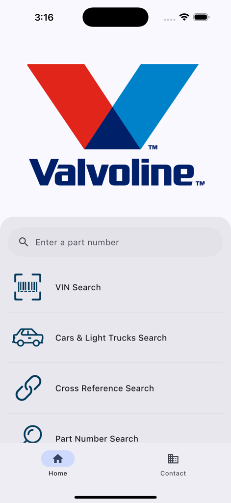 Filter and Wiper Part Lookup - Home screen of the Valvoline Filter and Wiper Part Lookup app with search options for VIN and vehicle type