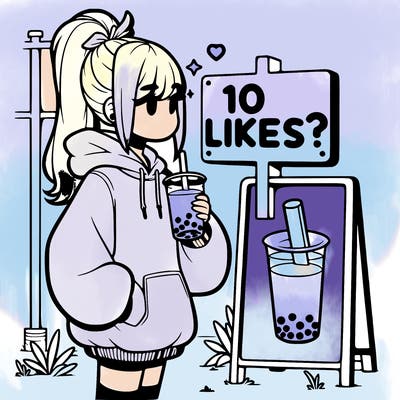 girl with oversized hoodie drinking boba and she has a high ponytail with a sign that says 10likes?