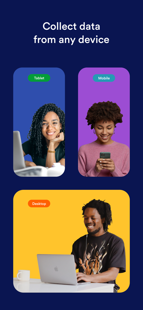 Jotform Enterprise Mobile - Un gráfico que muestra a tres profesionales utilizando Jotform Enterprise en una tableta, teléfono móvil y computadora de escritorio para recopilar datos.