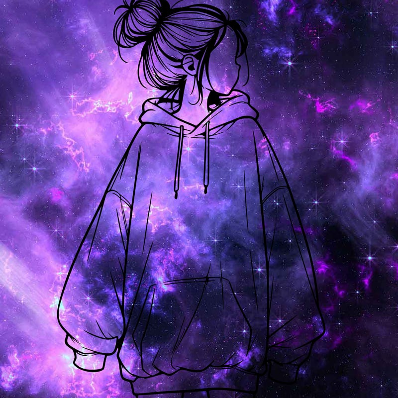 realistic girl with a oversized sweatshirt on and a bun