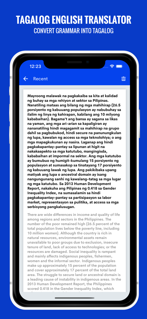 A screenshot of the Tagalog to English Translator app showing a long paragraph in Tagalog and its English translation on a mobile device