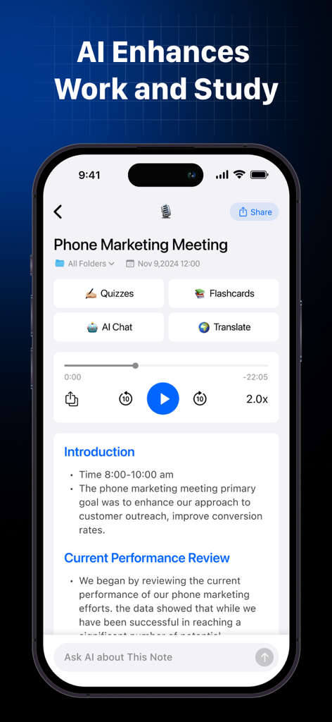 AI Note Taker-Voice to Notes ! - AI Note Taker app interface showing a structured marketing meeting summary with quiz and flashcard study tools