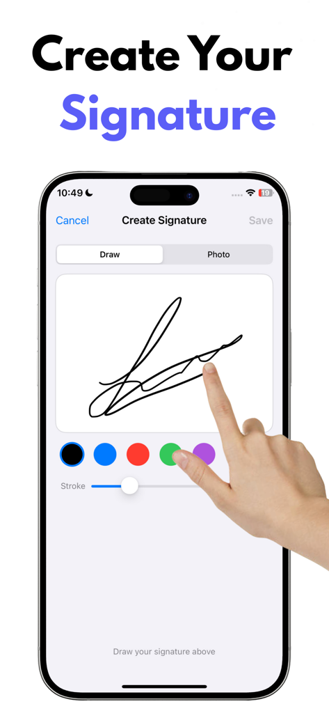 Signature Scanner: Quick Sign - A hand drawing a professional digital signature on the Signature Scanner mobile app screen.
