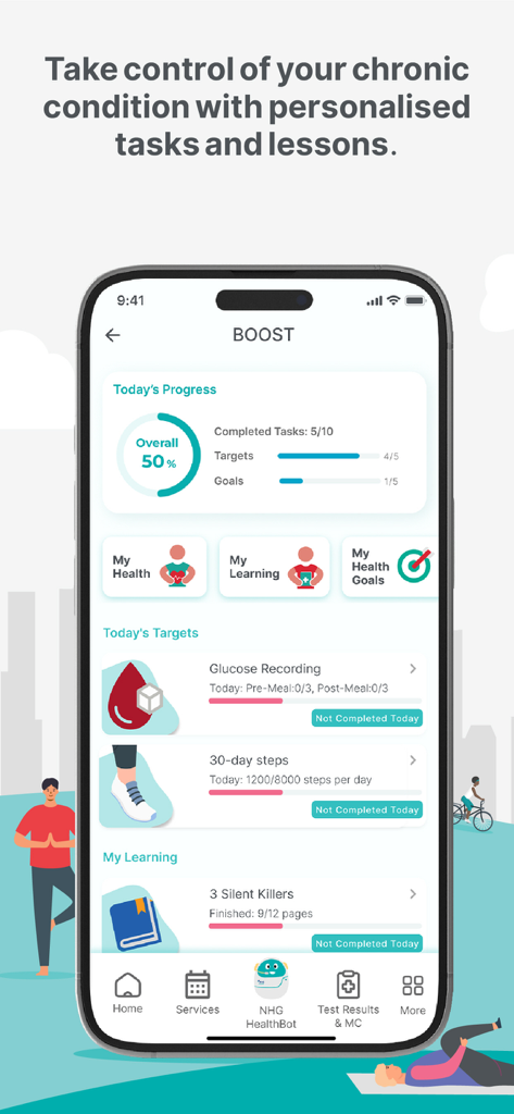 NHG Health - 만성 건강 상태에 대한 진행 상황 추적, 일일 목표 및 수업이 포함된 모바일 앱 인터페이스