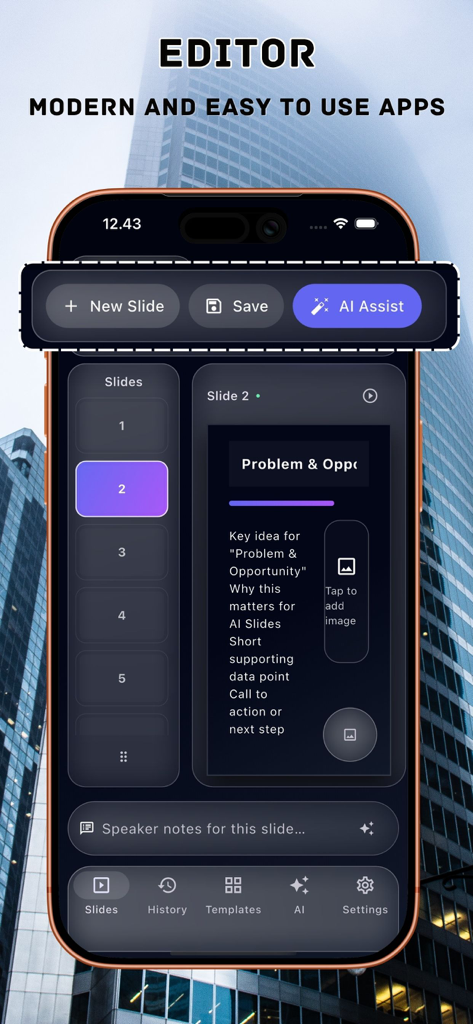 유리 스타일 UI와 AI Assist 도구가 특징인 Slides Maker AI Presentation 앱 편집기의 모바일 인터페이스