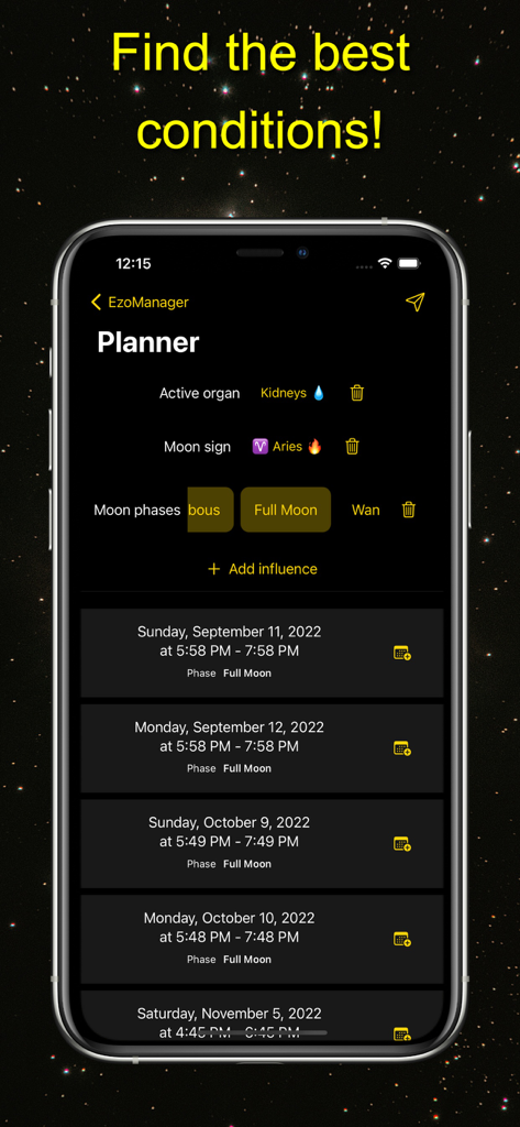 EzoManager – esoteric planner - Interface of EzoManager app showing esoteric planner with moon phases and organ clock influences.
