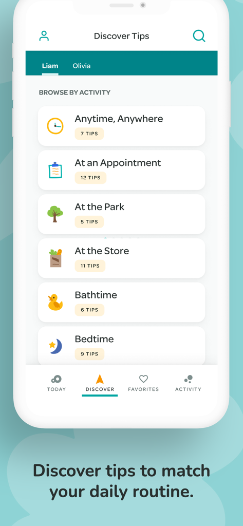 Vroom: Early Learning - Vroom app Discover Tips screen showing brain-building activity categories organized by daily routines
