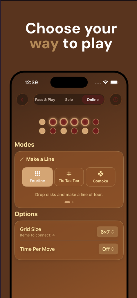 TalkFlow: Play Together - Tela do aplicativo TalkFlow mostrando opções de modo de jogo incluindo Jogo da Velha Quatro Linhas e Gomoku com escolhas de estilo de jogo