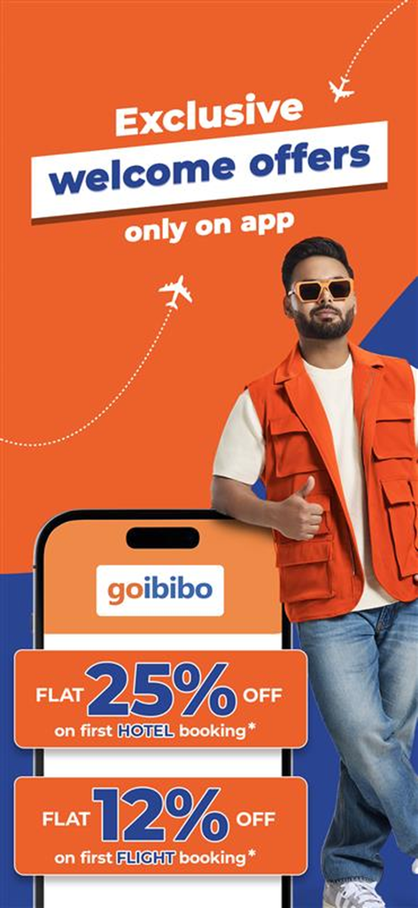 Goibibo Reise-App Werbebildschirm mit Willkommensangeboten, einschließlich 25 % Rabatt auf Hotels und 12 % Rabatt auf Flüge