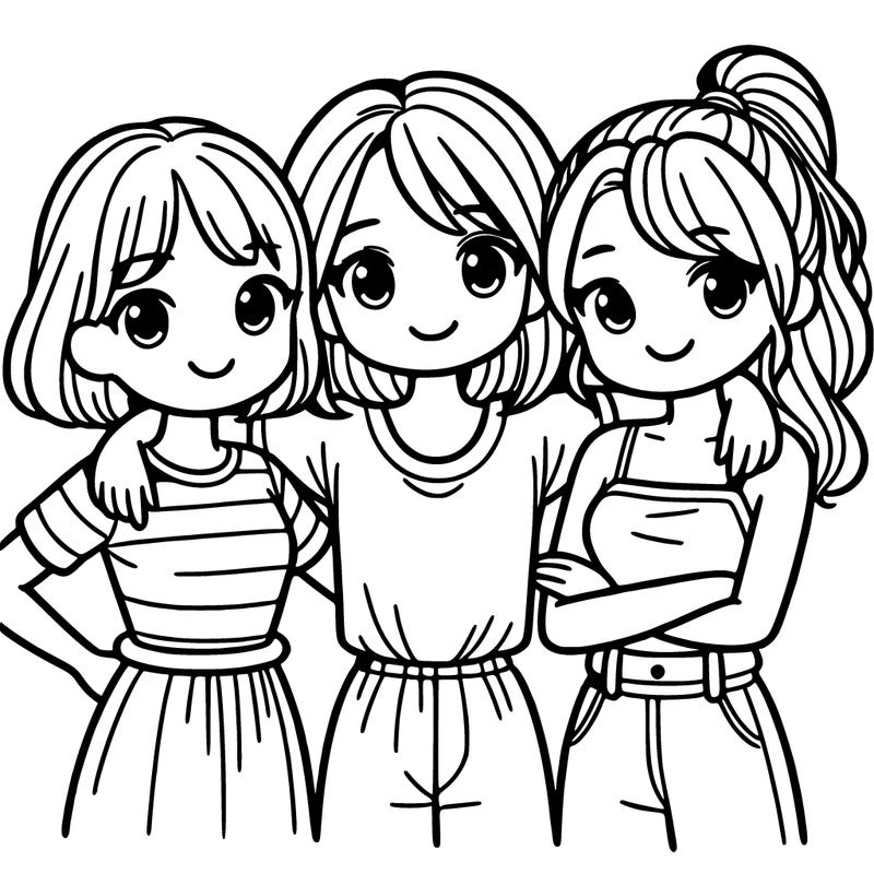 3 girls together with arms around eachother with one with short hair and the others with ponytails